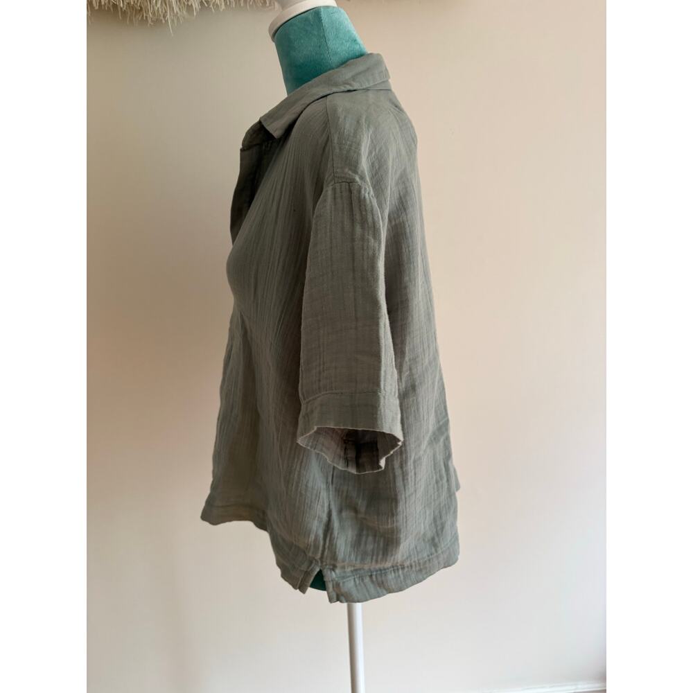 Gap 100% Cotton Crinkle Gauze Split Neck Top Olive Green lagenlook boho - Picture 2 of 7